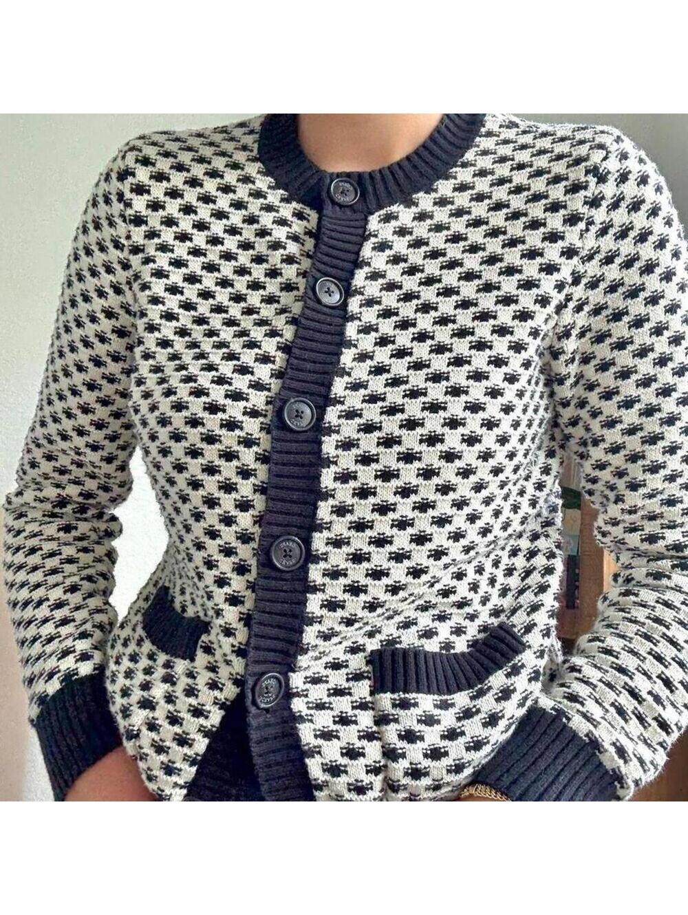 CHAPS Black & White Woven Button-Up Cardigan